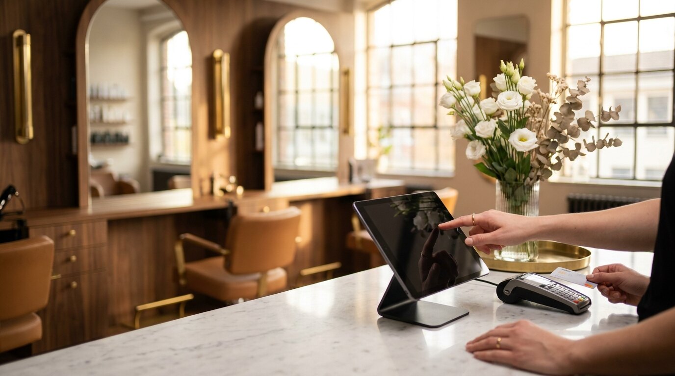 Kassensystem Friseur — Salon mit Tablet-POS und Marmortheke