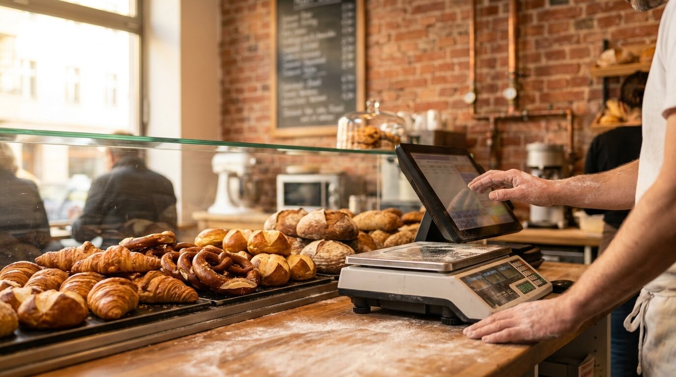 Kassensystem Bäckerei — Auslage mit Brötchen und Touchscreen-POS